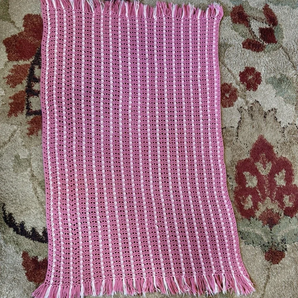 VTG Pink Stripe Tassel Crochet Afghan Throw Blanket 70x41
